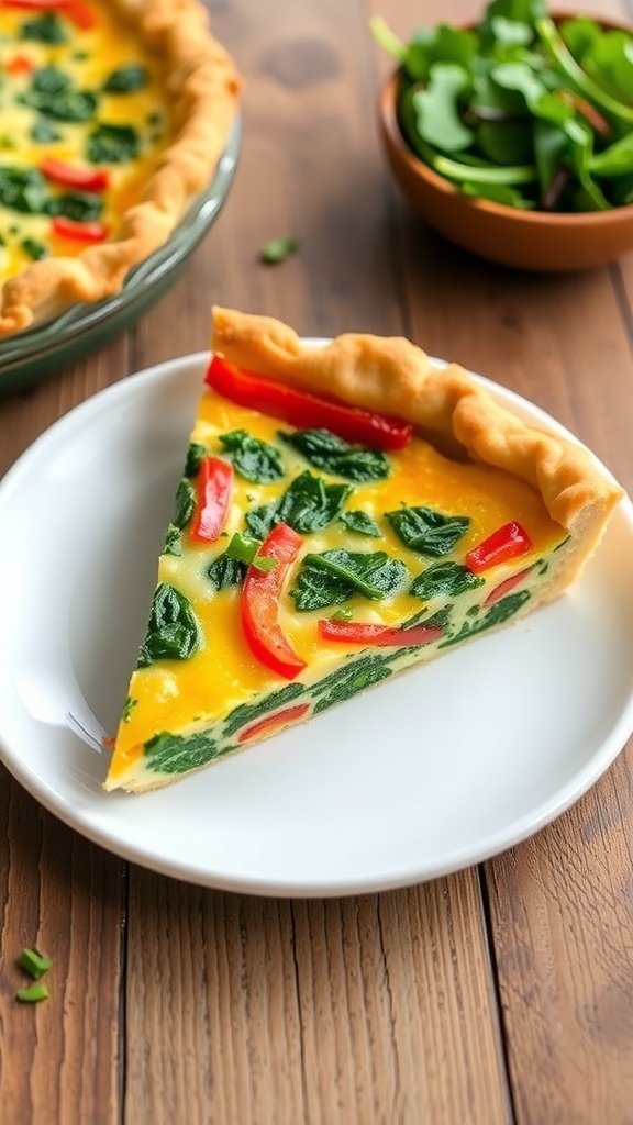 A slice of colorful vegetable quiche on a plate, garnished with herbs, next to a bowl of salad.